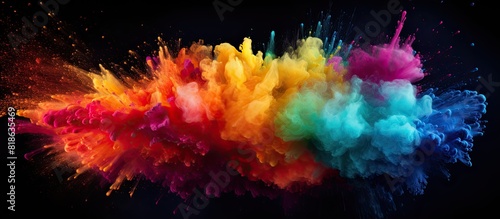 A colorful powder explosion captured in a freeze frame on a black background forming an abstract and splattered copy space image