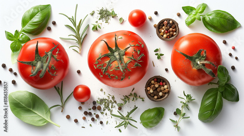 fresh tomato, herbs and spices isolated on white background, top view. © Wasin Arsasoi
