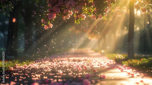 A sunlit park with wilted flowers drooping in the heat, petals scattered on the ground like confetti. photo