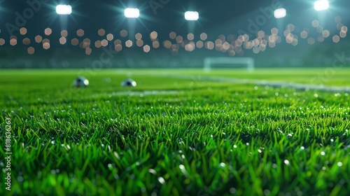 A soccer field with a bright green grass and a few lights in the background © Johannes