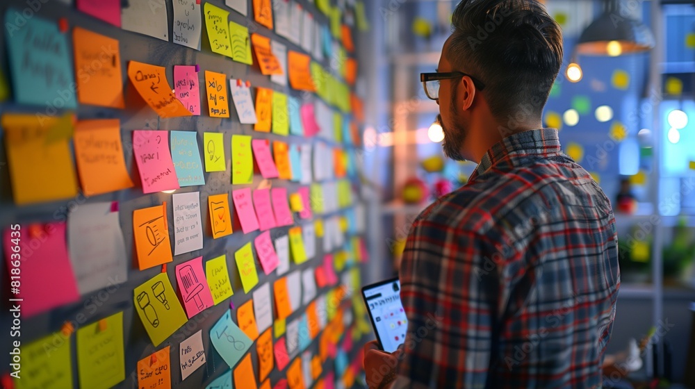 Obraz premium A team brainstorming session, sticky notes covering a whiteboard.