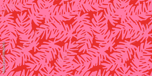 Hot pink palm leaves on a vibrant red background seamless pattern. Hand drawn pink tropical leaves summer jungle print.