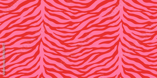 Hot pink on red tiger skin print seamless pattern. Bold hand drawn tiger stripes flat style vivid red safari background.