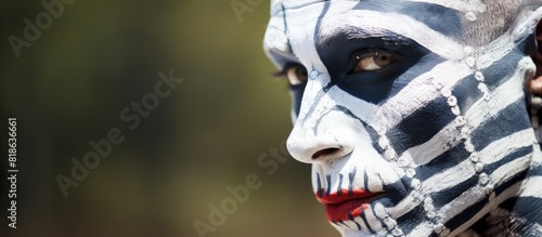 A man with face paint stands outdoors in a horizontal close up photo with copy space photo