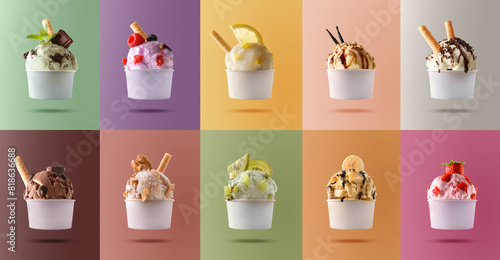 Ice cream with decorated scoop in paper cup colorful background