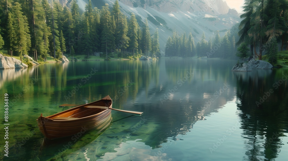 A tranquil alpine lake surrounded by towering pine trees, with a wooden rowboat drifting lazily across the glassy surface.
