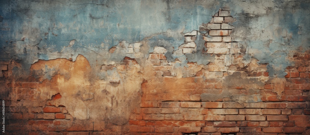 Obraz premium An abstract grunge texture of a vintage wallpaper with a broken brick wall in the background providing copy space for design