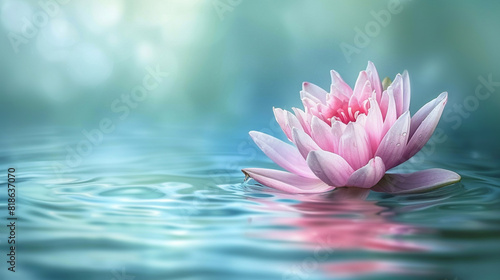 Beautiful pink lotus blooming on pond, Pink water lily flower in water with blur aquatic bokeh background, A pristine lotus flower emerges above water surface, Space for Copy