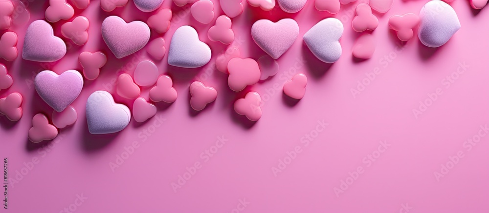 Pink background with heart shaped pills creating a vibrant copy space image
