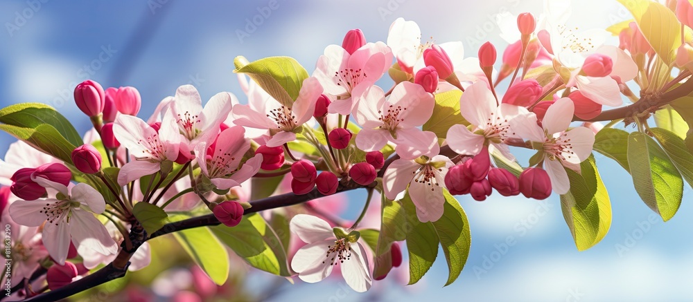 Fototapeta premium A close up image showcasing apple blossoms and buds in sunny weather provides an attractive copy space image