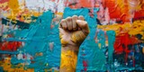 Powerful Fist Gesture Against Vibrant Conceptual Art Background Symbolizing Social and Political Activism and Resistance Movement