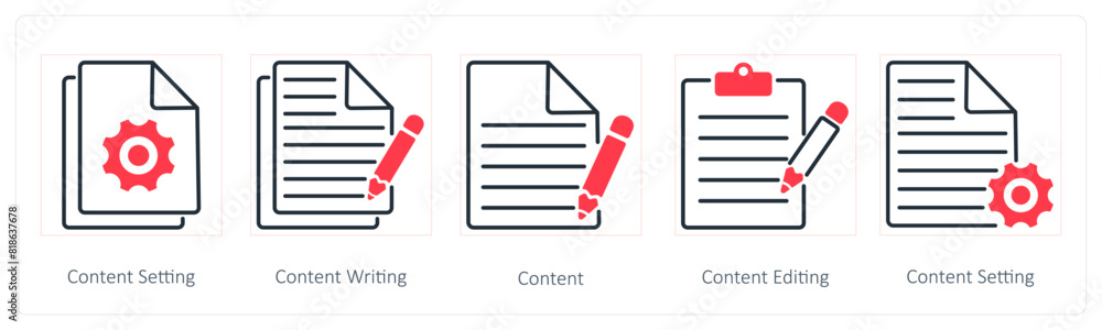 A set of 5 Seo icons as content setting, content writing, content A set of 5 Seo icons as content setting, content writing, content