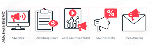 A set of 5 Seo icons as advertising, advertising report, video advertising report