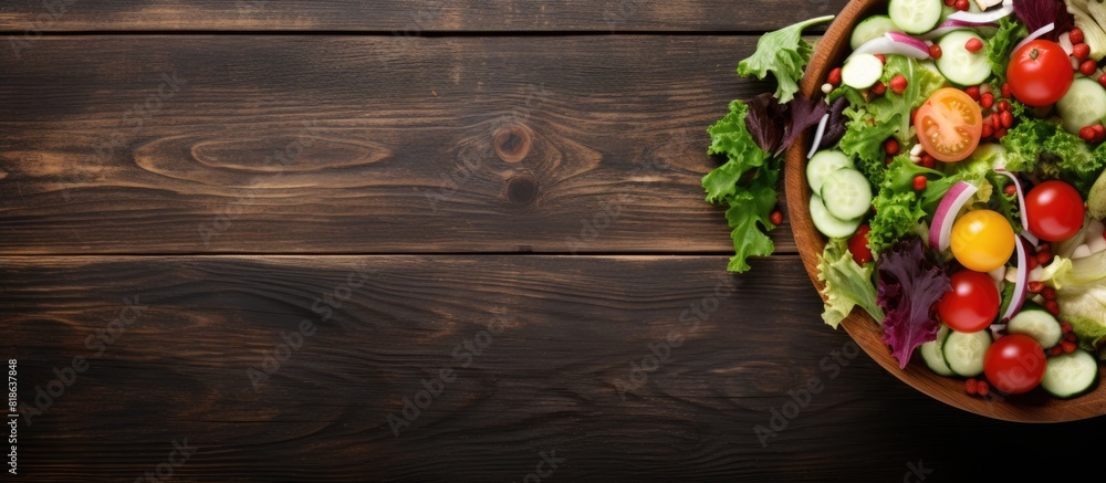 From an above perspective there is a copy space image showcasing a delicious and nutritious salad placed on a wooden table From an above perspective there is a copy space image showcasing a delicious and nutritious salad placed on a wooden table