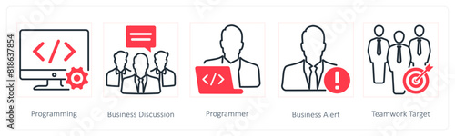 A set of 5 Seo icons as programming, business dicussion, programmer