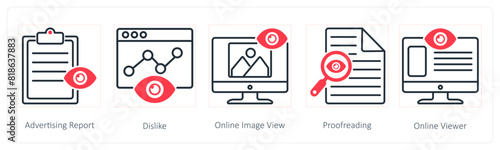 A set of 5 Seo icons as advertising report, dislike, online image view