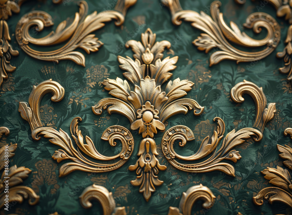 Ornate vintage baroque era wallpaper pattern, dark green and gold color palette. Created with Ai