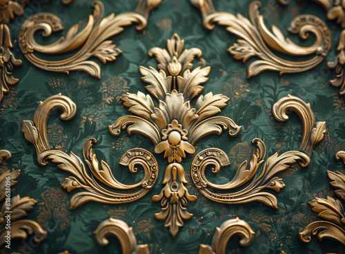 Ornate vintage baroque era wallpaper pattern, dark green and gold color palette. Created with Ai