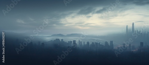 A cyberpunk copy space image featuring towering residential buildings immersed in a misty sky creating a dramatic and somber atmosphere photo