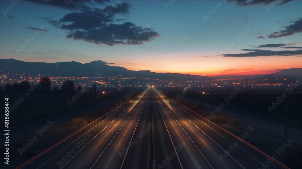 A twilight highway stretching into the distance, with the glow of city lights on the horizon.