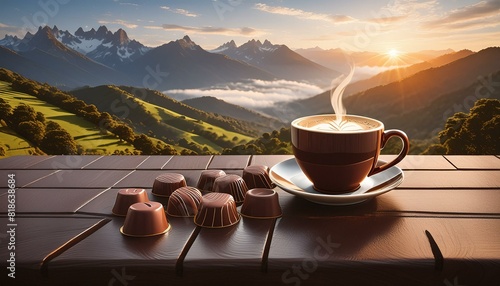 chocolates and a cup of cappuccino on a brown wooden table on the mountain photo