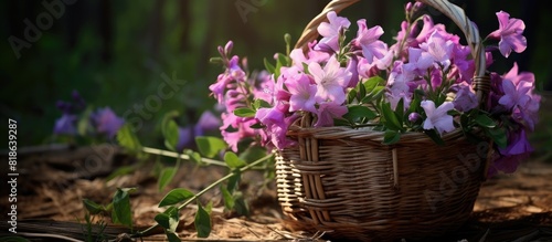 Sally s flower a willowherb is in full bloom inside a charming wicker basket leaving plenty of space for an eye catching image. Creative banner. Copyspace image photo