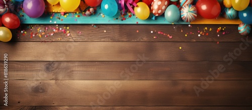 Wooden background with a vibrant birthday or carnival frame adorned with party items Perfect for a lively copy space image photo