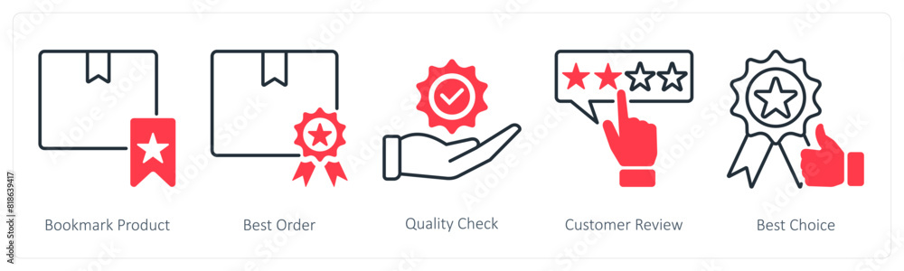 A set of 5 Shopping icons as bookmark product, best offer, quality check A set of 5 Shopping icons as bookmark product, best offer, quality check