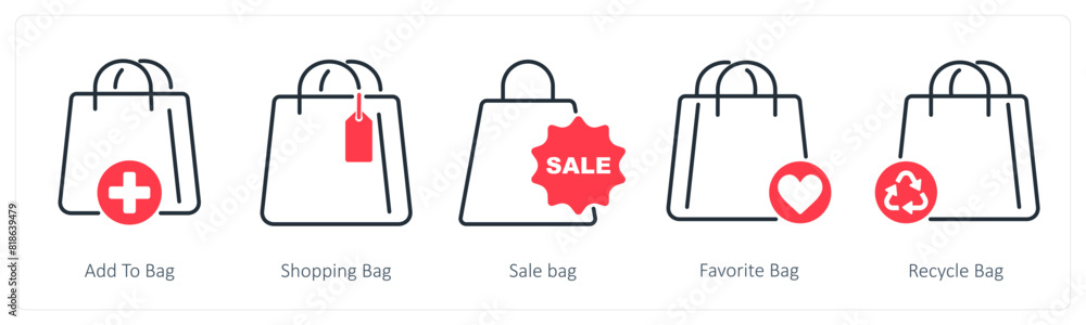 A set of 5 Shopping icons as add to bag, shopping bag, sale bag