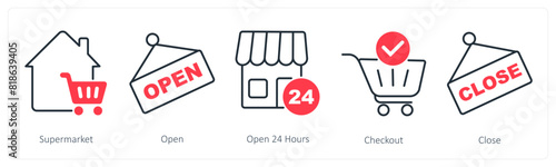 A set of 5 Shopping icons as supermarket, open, open 24 hours photo