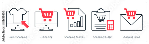 A set of 5 Shopping icons as online shopping, e-shopping, shopping analysis