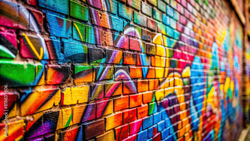 Abstract close-up of graffiti tags on a brick wall, highlighting the texture and vibrant colors  © rattinan