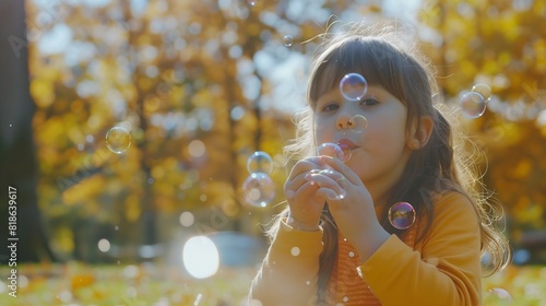 A young girl blowing bubbles in the park  her laughter echoing as the bubbles float away on the breeze.