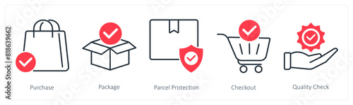 A set of 5 Shopping icons as purchase, package, parcel protection