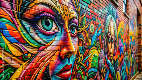 Abstract close-up of graffiti art on a brick wall, with emphasis on vibrant colors and intricate details 