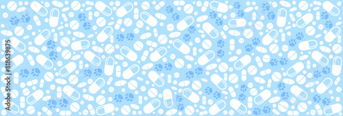 Veterinary clinic cartoon doodle pattern. Cats and dogs, pet healthcare. Seamless blue vector background. Good for textile fabric design, wrapping paper, website wallpapers, textile, wallpaper