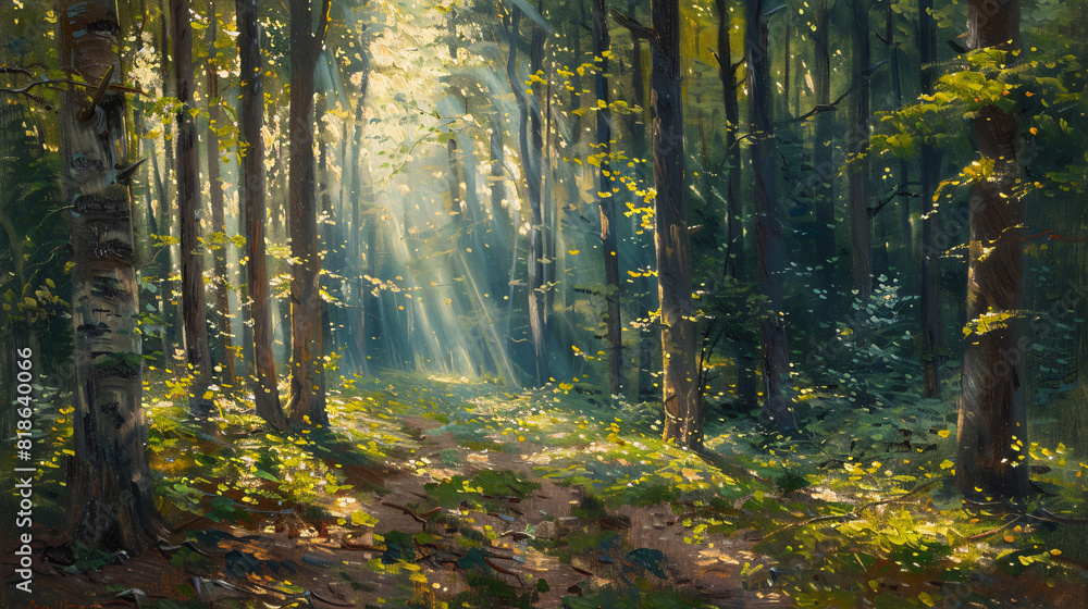 Obraz premium An oil painting of a serene mountain landscape on canvas, with snow-capped peaks and lush green valleys