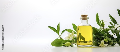 A copy space image showcasing a cruet of olive oil accompanied by fresh green leaves contrasting against a white background photo