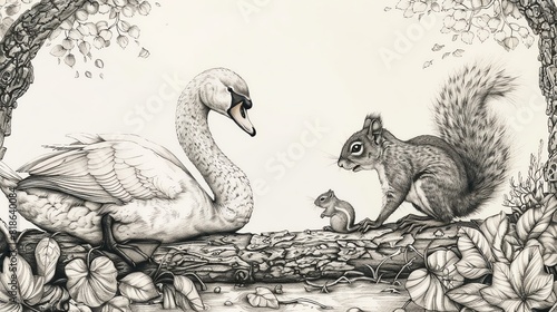 Create an enchanting scene of a graceful swan and a mischievous squirrel seen from the side photo