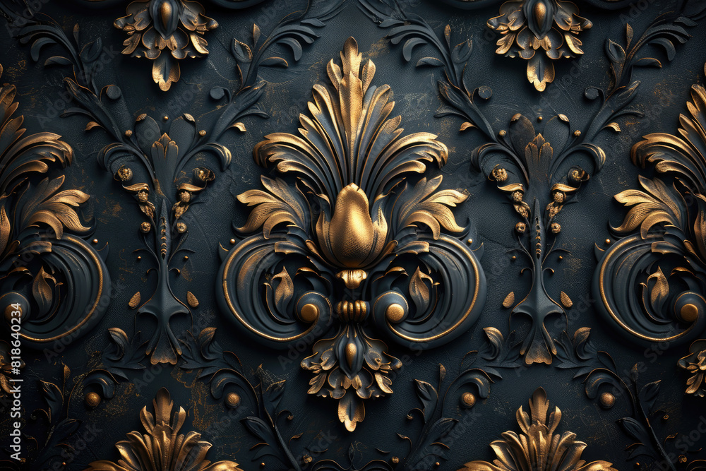 Dark background, European pattern decoration on the wall, gold and dark blue color scheme. Created with Ai