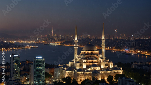 This is a night view of a city with a large mosque. The mosque is lit up and there are lights reflecting on the water. There are also some buildings in the background.  