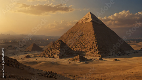 The image shows the Giza pyramid complex in Egypt.  