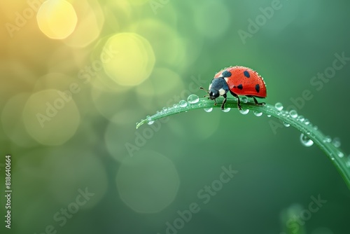 Ladybug Perched on a Dewy Grass Blade with a Glowing Green Background