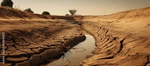 Drought conditions resulted in arid canals with water seen in the dry canal 12 words. Creative banner. Copyspace image