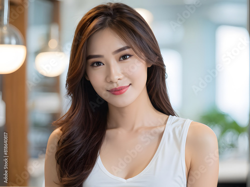 asian woman in a white tank top and smile