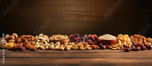 Fototapeta Naklejka Na Ścianę i Meble -  A display of assorted nuts and dried fruits arranged on a rustic wooden table with empty space for photography. Creative banner. Copyspace image