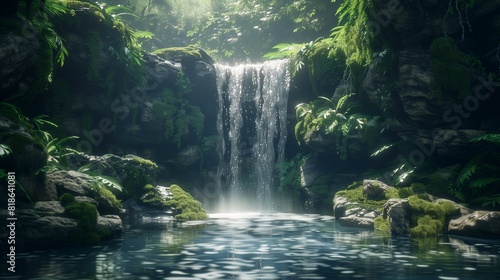 Exploring a hidden waterfall cascading down moss-covered rocks into a tranquil pool.