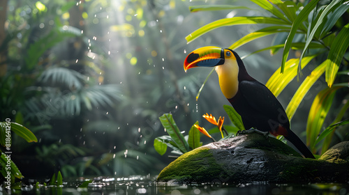 Toucan, Ramphastos sulfuratus, bird with big bill in the forest
