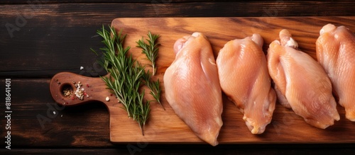 A top down view of raw chicken legs or drumsticks on a cutting board with sufficient space for text or graphics. Creative banner. Copyspace image photo