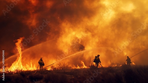 Firefighters battling a raging wildfire, using hoses and fire retardant to protect homes and communities. photo